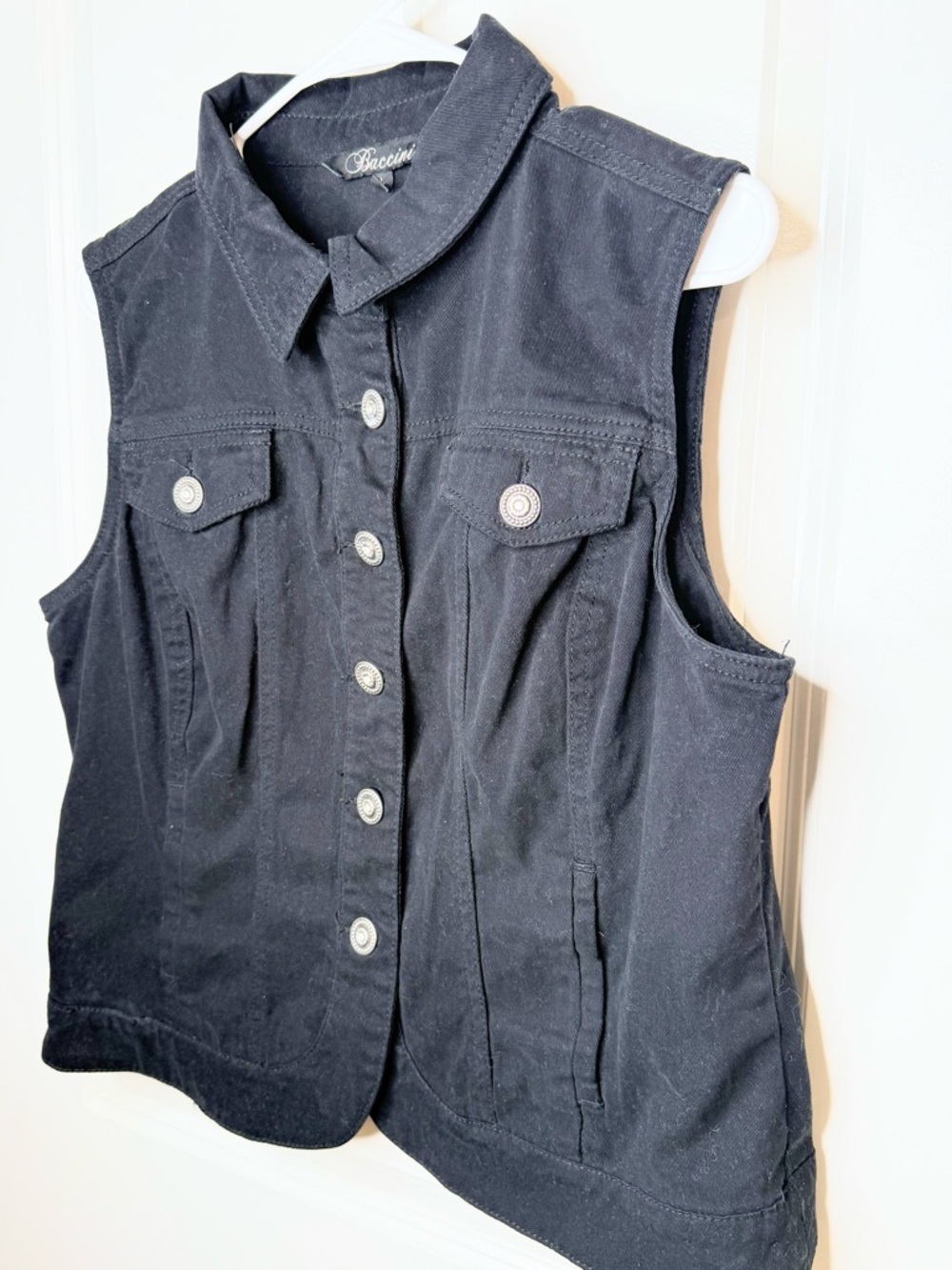 Baccini Black Denim Vest Womens Button Front Stretch Jean Jacket Size L - Picture 4 of 7
